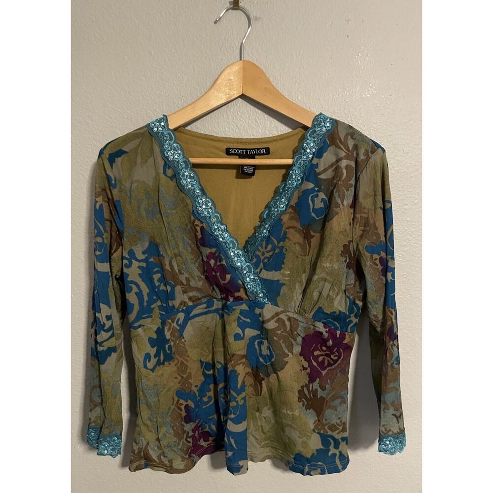 Scott Taylor Womens Top Large Green Blue Abstract Rayon Stretch Sequin Fairy